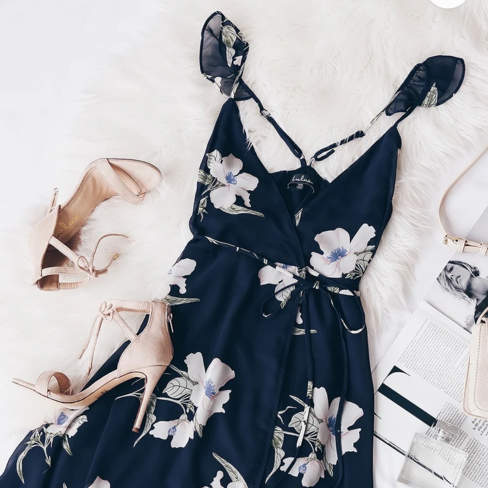 LuLus All Mine Navy Blue Floral Print High-Low Wrap Dress